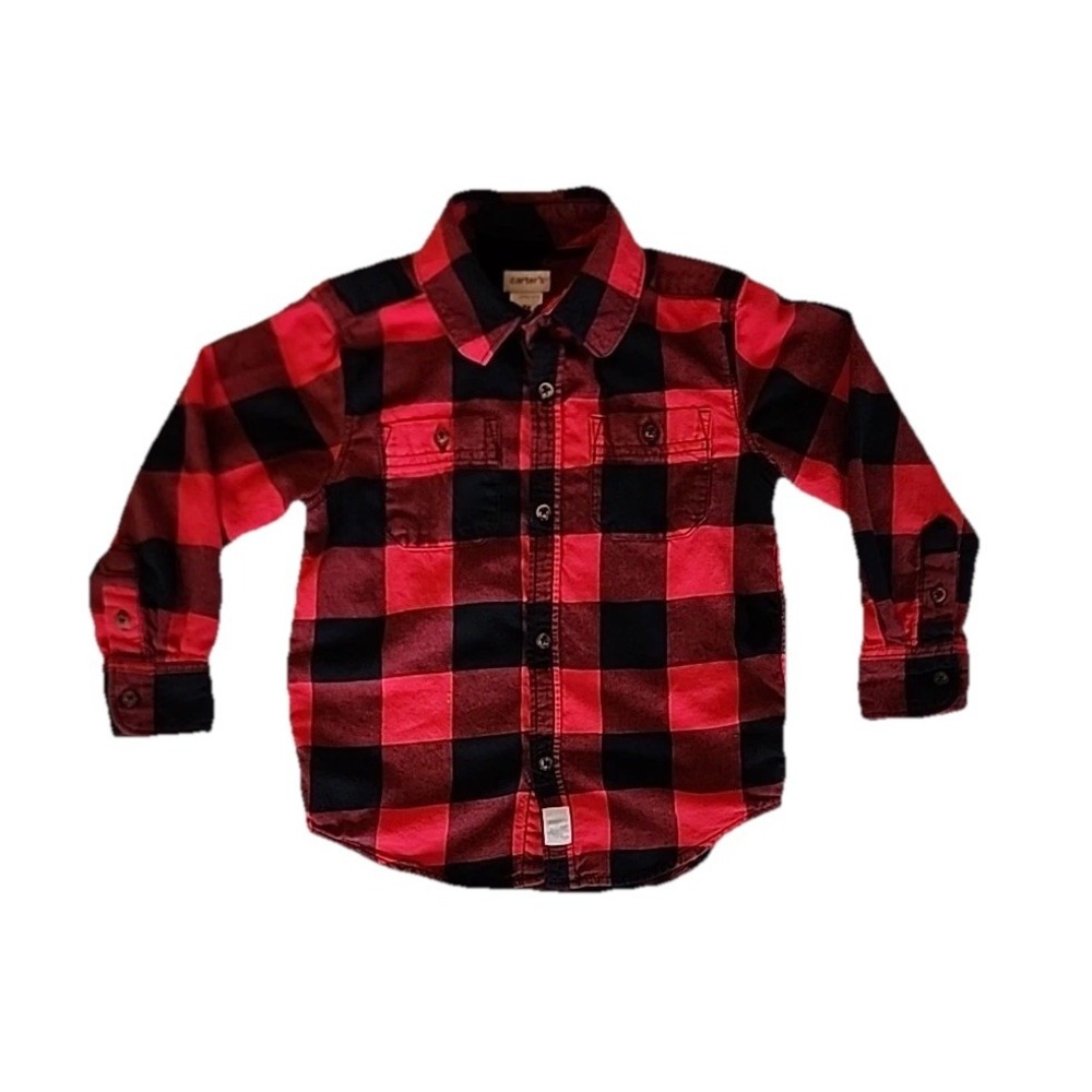 Carters Flannel Button Up Shirt Buffalo Plaid Red Black Toddler Boy 4T